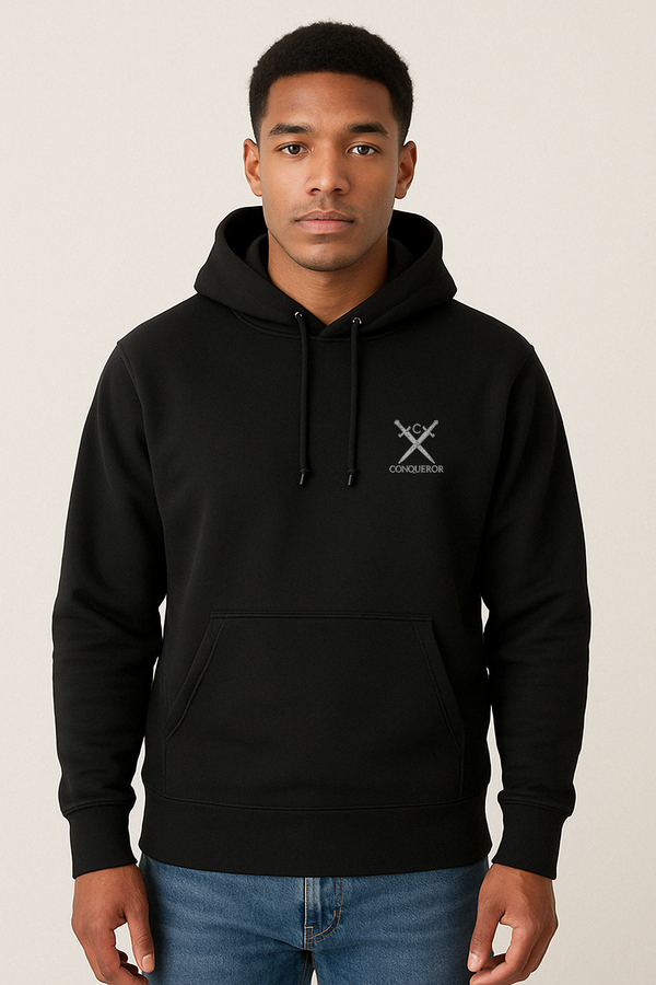Plain black hoody with small conqueror embroidered logo